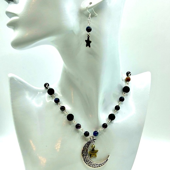 Handmade Moon & Star Necklace Set with Natural Tiger Eye and Lava Rock Stones! - Picture 6 of 13